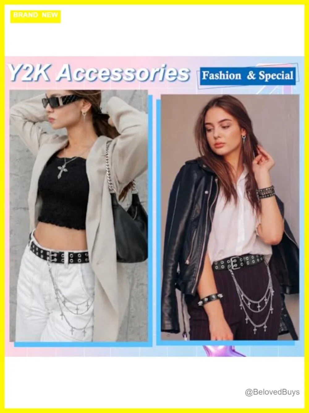 JATEBI 8Pc Studded PU Leather Belt Set Star Chain Y2K Punk